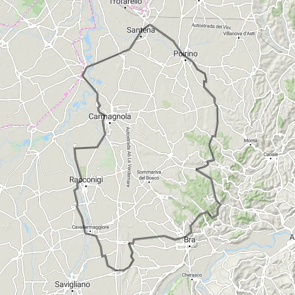 Miniatua del mapa de inspiración ciclista "Ruta de Ciclismo de Carretera a Marene" en Piemonte, Italy. Generado por Tarmacs.app planificador de rutas ciclistas