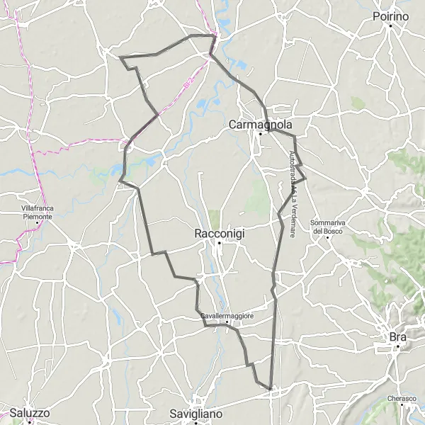 Zemljevid v pomanjšavi "Kolesarska pot do Carignana" kolesarske inspiracije v Piemonte, Italy. Generirano z načrtovalcem kolesarskih poti Tarmacs.app