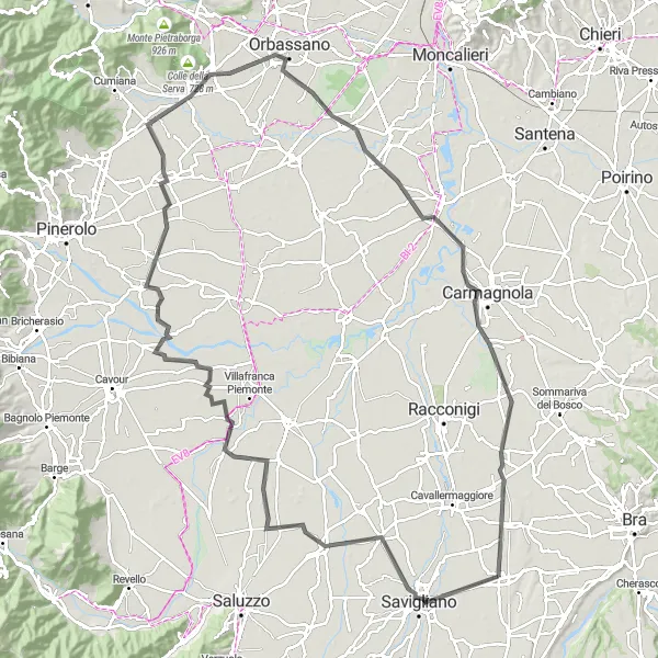 Map miniature of "Savigliano Challenge" cycling inspiration in Piemonte, Italy. Generated by Tarmacs.app cycling route planner
