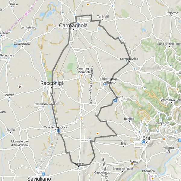Miniaturní mapa "Okružní cyklotrasa kolem Marene" inspirace pro cyklisty v oblasti Piemonte, Italy. Vytvořeno pomocí plánovače tras Tarmacs.app
