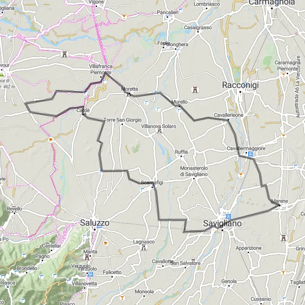 Miniatuurkaart van de fietsinspiratie "Savigliano naar Marene Route" in Piemonte, Italy. Gemaakt door de Tarmacs.app fietsrouteplanner