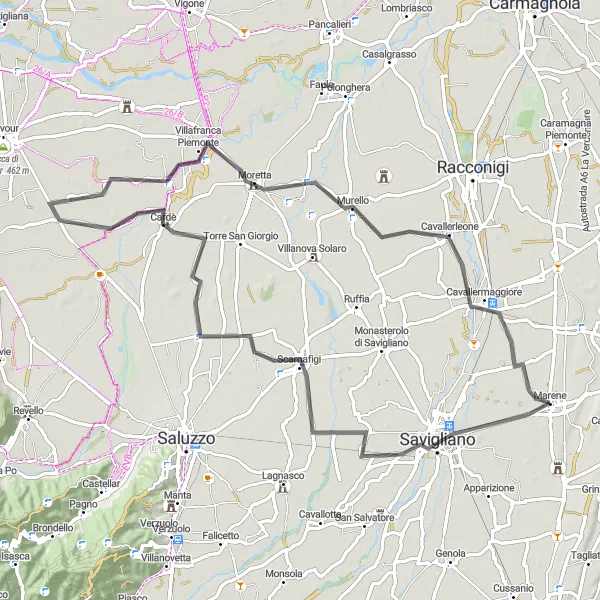 Karttaminiaatyyri "Saviglianosta Murelloon - maisemareitti" pyöräilyinspiraatiosta alueella Piemonte, Italy. Luotu Tarmacs.app pyöräilyreittisuunnittelijalla