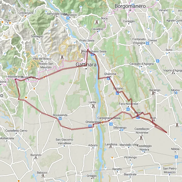 Miniaturekort af cykelinspirationen "Grusvejcykling omkring Masserano" i Piemonte, Italy. Genereret af Tarmacs.app cykelruteplanlægger
