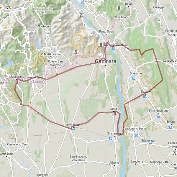 Map miniature of "Exploring Prato Sesia and Lenta Countryside" cycling inspiration in Piemonte, Italy. Generated by Tarmacs.app cycling route planner