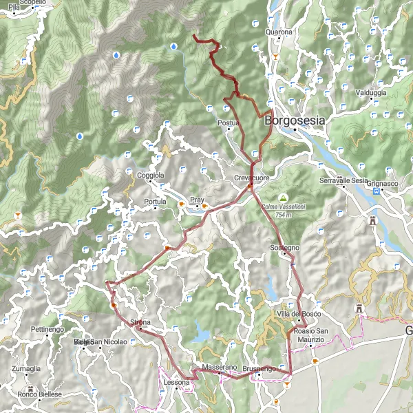 Kartminiatyr av "Grusveier og Fjelltopper" sykkelinspirasjon i Piemonte, Italy. Generert av Tarmacs.app sykkelrutoplanlegger