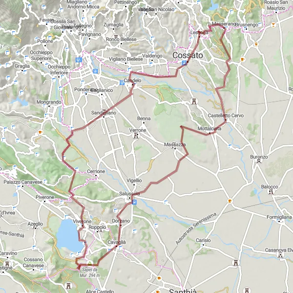 Zemljevid v pomanjšavi "Gravel Route around Masserano" kolesarske inspiracije v Piemonte, Italy. Generirano z načrtovalcem kolesarskih poti Tarmacs.app