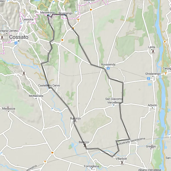 Kartminiatyr av "Oppdag Masserano og omegn på to hjul" sykkelinspirasjon i Piemonte, Italy. Generert av Tarmacs.app sykkelrutoplanlegger