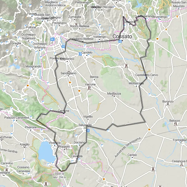 Miniaturní mapa "Trasa kolem Masserana a okolí" inspirace pro cyklisty v oblasti Piemonte, Italy. Vytvořeno pomocí plánovače tras Tarmacs.app