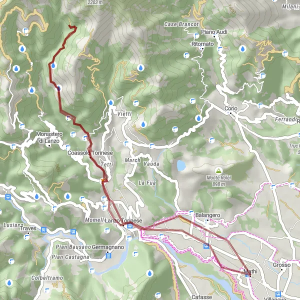 Miniatua del mapa de inspiración ciclista "Ruta en bicicleta de grava desde Mathi a Lanzo Torinese" en Piemonte, Italy. Generado por Tarmacs.app planificador de rutas ciclistas