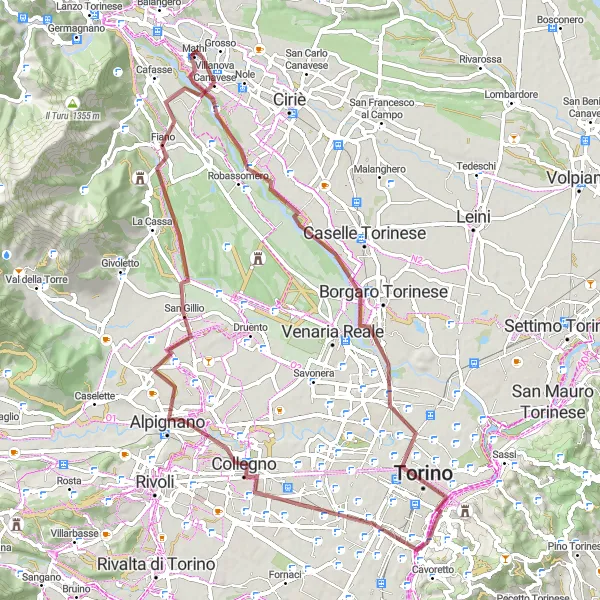Mapa miniatúra "Gravelová trasa cez Robassomero a Turín" cyklistická inšpirácia v Piemonte, Italy. Vygenerované cyklistickým plánovačom trás Tarmacs.app