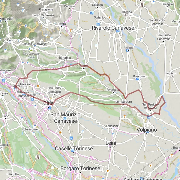 Mapa miniatúra "Gravelová dobrodružná cesta" cyklistická inšpirácia v Piemonte, Italy. Vygenerované cyklistickým plánovačom trás Tarmacs.app