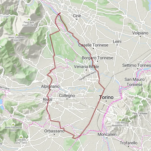 Karttaminiaatyyri "Alpignano - Madonna di Campagna Gravelreitti" pyöräilyinspiraatiosta alueella Piemonte, Italy. Luotu Tarmacs.app pyöräilyreittisuunnittelijalla
