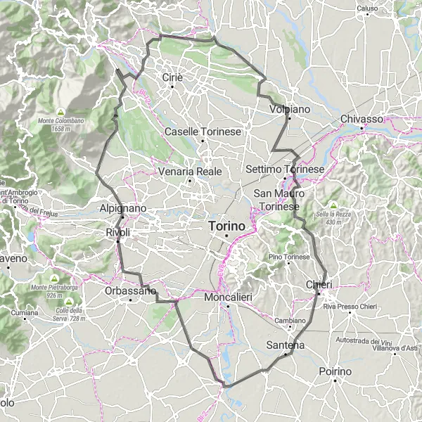 Kartminiatyr av "Eventyr langs veiene fra Mathi til Torino" sykkelinspirasjon i Piemonte, Italy. Generert av Tarmacs.app sykkelrutoplanlegger