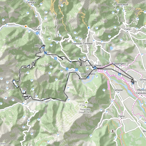 Miniatua del mapa de inspiración ciclista "Ruta de Ciclismo de Carretera por Colinas de Mathi" en Piemonte, Italy. Generado por Tarmacs.app planificador de rutas ciclistas