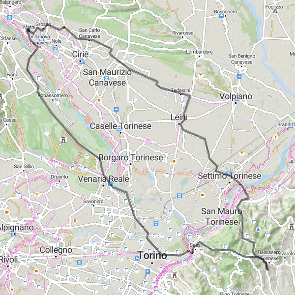 Miniature de la carte de l'inspiration cycliste "Exploration des environs de Mathi" dans la Piemonte, Italy. Générée par le planificateur d'itinéraire cycliste Tarmacs.app