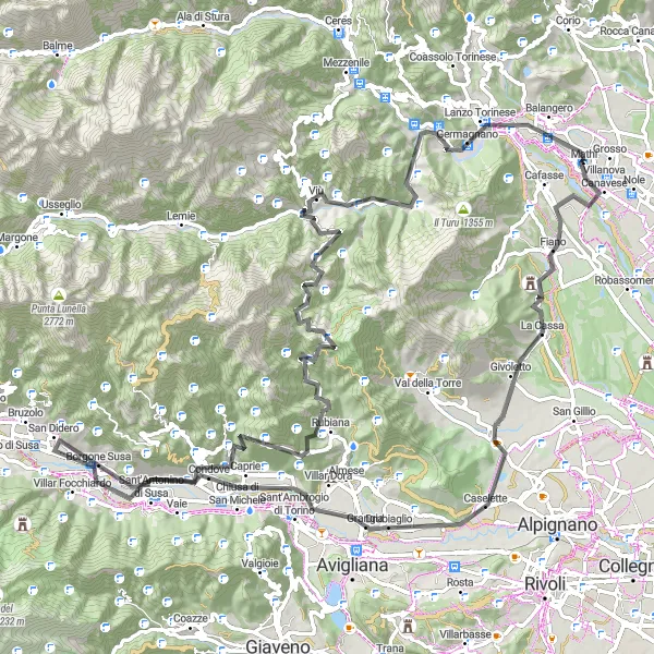 Kartminiatyr av "Villanova Canavese til Lanzo Torinese Landevei Rundtur" sykkelinspirasjon i Piemonte, Italy. Generert av Tarmacs.app sykkelrutoplanlegger