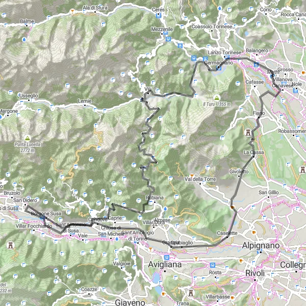 Mapa miniatúra "Výlet na ceste" cyklistická inšpirácia v Piemonte, Italy. Vygenerované cyklistickým plánovačom trás Tarmacs.app