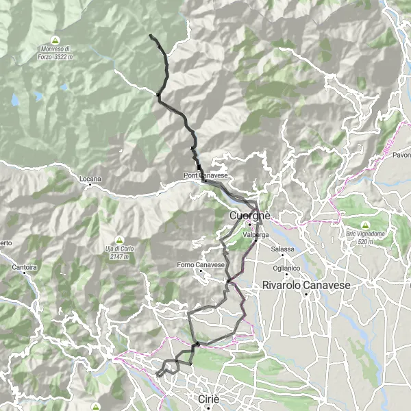 Kartminiatyr av "Rundtur fra Mathi gjennom Canavese-dalen" sykkelinspirasjon i Piemonte, Italy. Generert av Tarmacs.app sykkelrutoplanlegger