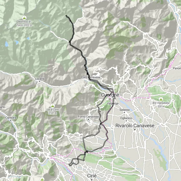 Karttaminiaatyyri "Pyöräilyreitti Mathi - Ronco Canavese" pyöräilyinspiraatiosta alueella Piemonte, Italy. Luotu Tarmacs.app pyöräilyreittisuunnittelijalla