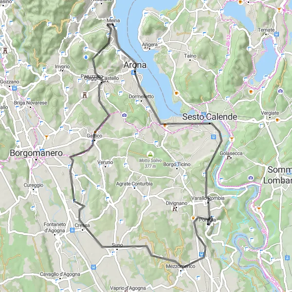 Zemljevid v pomanjšavi "Cestna dogodivščina v bližini Meine" kolesarske inspiracije v Piemonte, Italy. Generirano z načrtovalcem kolesarskih poti Tarmacs.app