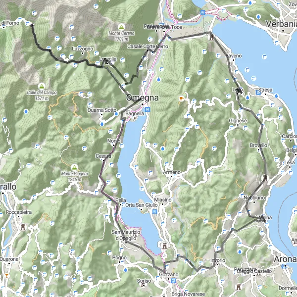 Zemljevid v pomanjšavi "Izlet v okolici Meine" kolesarske inspiracije v Piemonte, Italy. Generirano z načrtovalcem kolesarskih poti Tarmacs.app