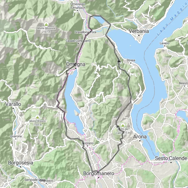 Miniatura della mappa di ispirazione al ciclismo "Giro Lago Maggiore e Monte Zuoli" nella regione di Piemonte, Italy. Generata da Tarmacs.app, pianificatore di rotte ciclistiche