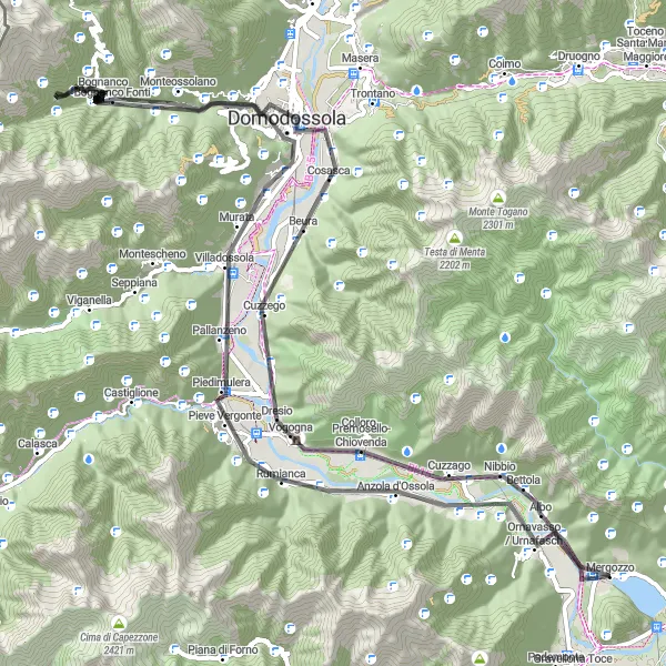 Map miniature of "Mergozzo - Anzola d'Ossola - Villadossola - Bognanco - Domodossola - Vogogna" cycling inspiration in Piemonte, Italy. Generated by Tarmacs.app cycling route planner