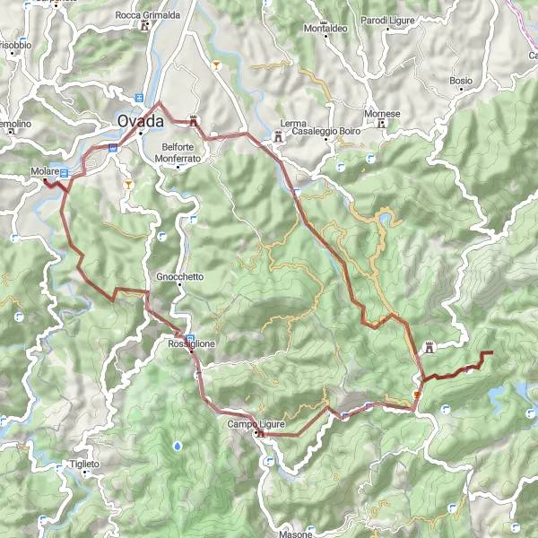 Miniatua del mapa de inspiración ciclista "Ruta de Grava de Molare a Molare" en Piemonte, Italy. Generado por Tarmacs.app planificador de rutas ciclistas