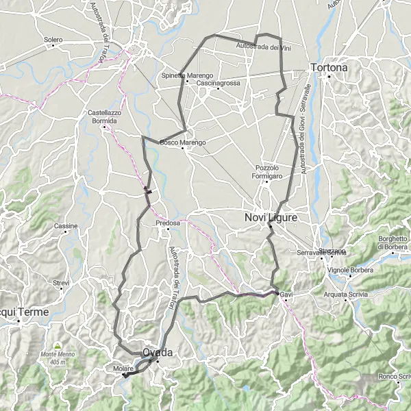 Karten-Miniaturansicht der Radinspiration "Die hügelige Straßenfahrt von Molare nach Ovada" in Piemonte, Italy. Erstellt vom Tarmacs.app-Routenplaner für Radtouren