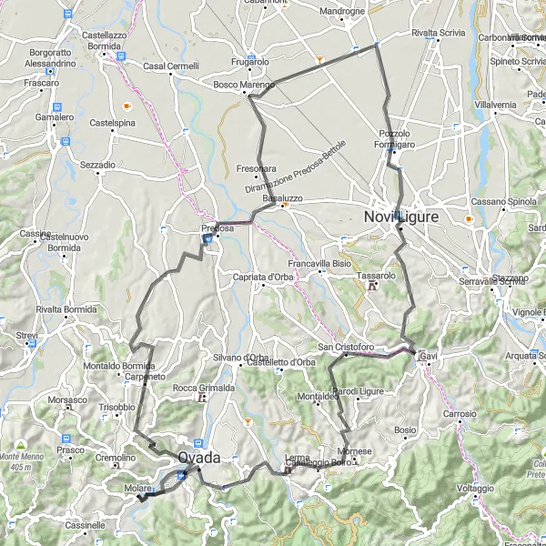 Miniaturekort af cykelinspirationen "Basaluzzo til Ovada Road Cykelrute" i Piemonte, Italy. Genereret af Tarmacs.app cykelruteplanlægger