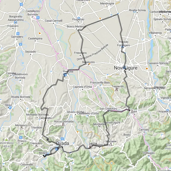 Karttaminiaatyyri "Pyöräretki Molaresta Gaviin ja Ovadaan" pyöräilyinspiraatiosta alueella Piemonte, Italy. Luotu Tarmacs.app pyöräilyreittisuunnittelijalla