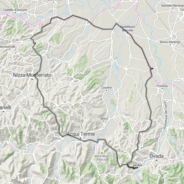 Miniatuurkaart van de fietsinspiratie "Fietsen door Acqui Terme en Castelferro" in Piemonte, Italy. Gemaakt door de Tarmacs.app fietsrouteplanner
