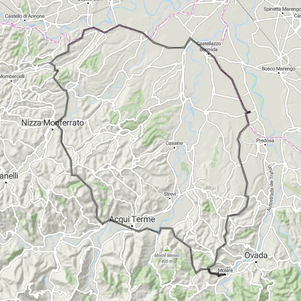 Karttaminiaatyyri "Molare - Monte Stregone - Acqui Terme - Nizza Monferrato - Cortiglione - Cantalupo - Castelferro - Cremolino" pyöräilyinspiraatiosta alueella Piemonte, Italy. Luotu Tarmacs.app pyöräilyreittisuunnittelijalla