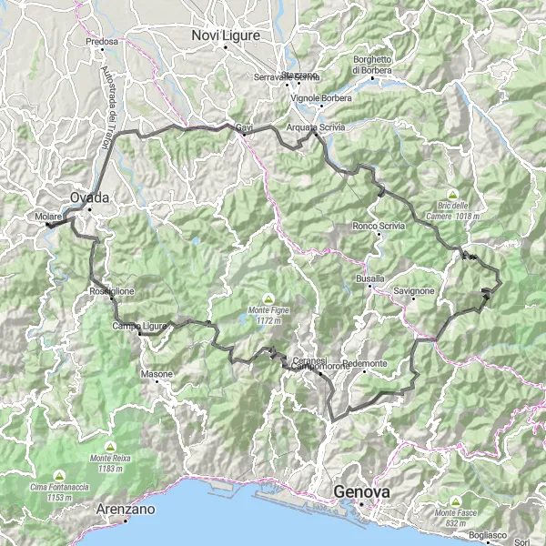 Map miniature of "Piemonte Adventure: Ovada to Bogliasco Epic Ride" cycling inspiration in Piemonte, Italy. Generated by Tarmacs.app cycling route planner