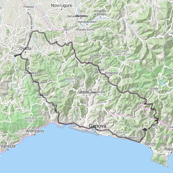 Miniature de la carte de l'inspiration cycliste "La Grande Aventure du Piémont à Gênes" dans la Piemonte, Italy. Générée par le planificateur d'itinéraire cycliste Tarmacs.app