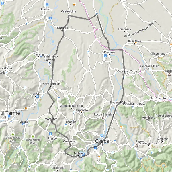 Kartminiatyr av "Molare - Cremolino - Castelnuovo Bormida - Predosa - Silvano d'Orba - Ovada - Molare" sykkelinspirasjon i Piemonte, Italy. Generert av Tarmacs.app sykkelrutoplanlegger