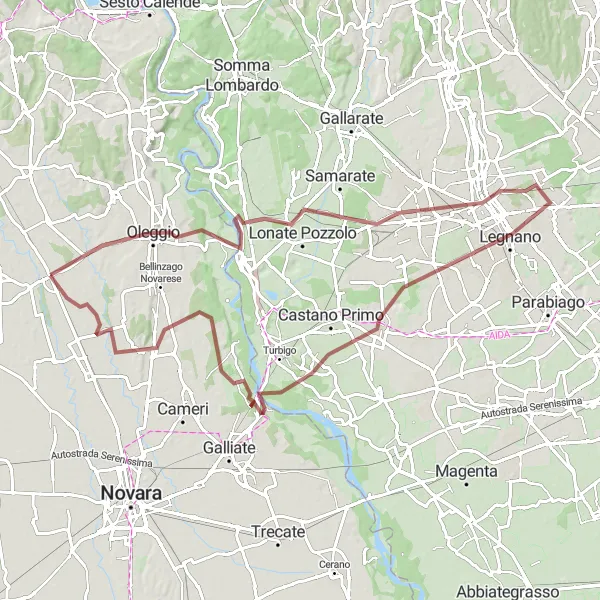 Miniatura della mappa di ispirazione al ciclismo "Tour Gravel Oleggio - Tornavento - Castellanza - Buscate - Cavagliano - Alzate" nella regione di Piemonte, Italy. Generata da Tarmacs.app, pianificatore di rotte ciclistiche