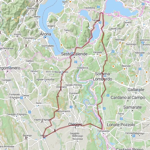 Miniaturní mapa "Gravelová cyklotrasa Divignano - Castelletto di Momo" inspirace pro cyklisty v oblasti Piemonte, Italy. Vytvořeno pomocí plánovače tras Tarmacs.app