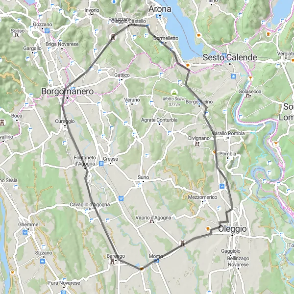 Mapa miniatúra "Road cycling adventure to Borgomanero and Marano Ticino" cyklistická inšpirácia v Piemonte, Italy. Vygenerované cyklistickým plánovačom trás Tarmacs.app