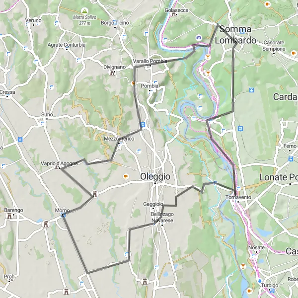 Miniatura mapy "Przejażdżka szosowa przez Mezzomerico, Vizzola Ticino i Sologno" - trasy rowerowej w Piemonte, Italy. Wygenerowane przez planer tras rowerowych Tarmacs.app