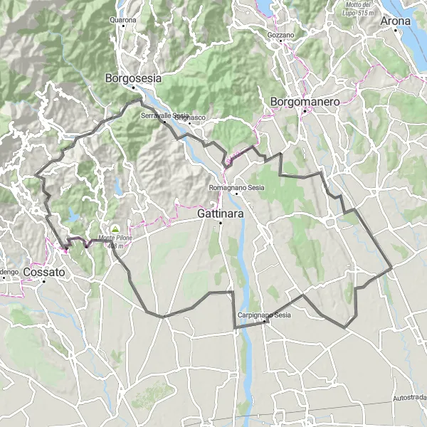 Map miniature of "The Novara Loop" cycling inspiration in Piemonte, Italy. Generated by Tarmacs.app cycling route planner