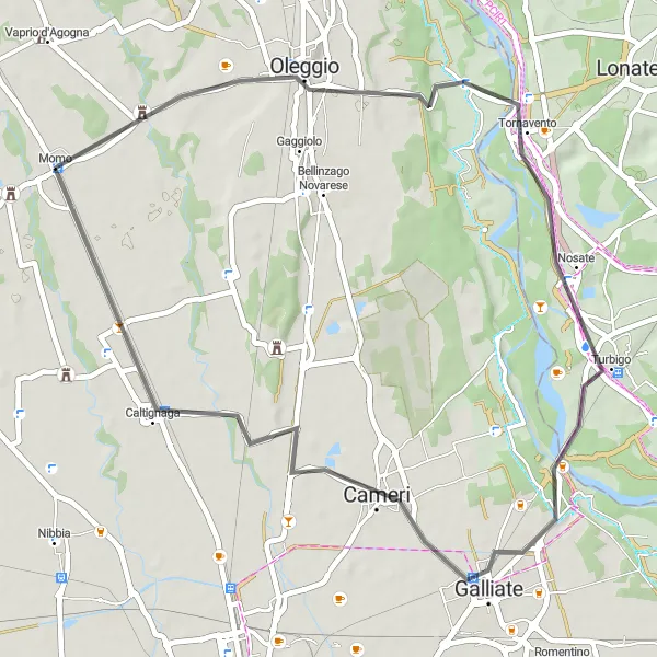 Miniaturní mapa "Okruh kolem Momo přes Oleggio, Tornavento, Galliate a Caltignaga" inspirace pro cyklisty v oblasti Piemonte, Italy. Vytvořeno pomocí plánovače tras Tarmacs.app