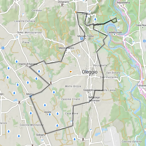 Miniatura mapy "Przyjemna trasa szosowa przez Pombia, Castelnovate i Badia di Dulzago" - trasy rowerowej w Piemonte, Italy. Wygenerowane przez planer tras rowerowych Tarmacs.app
