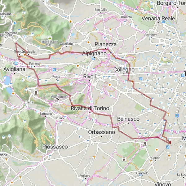 Zemljevid v pomanjšavi "Raznolika pot skozi Torinski predel" kolesarske inspiracije v Piemonte, Italy. Generirano z načrtovalcem kolesarskih poti Tarmacs.app
