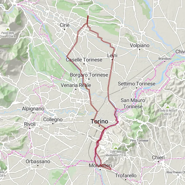 Map miniature of "Moncalieri-Mole Antonelliana-San Maurizio Canavese-Leini-Castello del Valentino-Castello di Moncalieri" cycling inspiration in Piemonte, Italy. Generated by Tarmacs.app cycling route planner