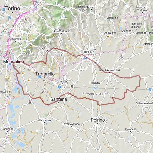 Mapa miniatúra "Gravelový okruh z Moncalieri" cyklistická inšpirácia v Piemonte, Italy. Vygenerované cyklistickým plánovačom trás Tarmacs.app
