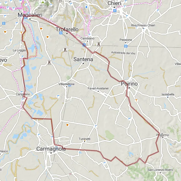 Kartminiatyr av "Grusvägscykling till Carignano" cykelinspiration i Piemonte, Italy. Genererad av Tarmacs.app cykelruttplanerare