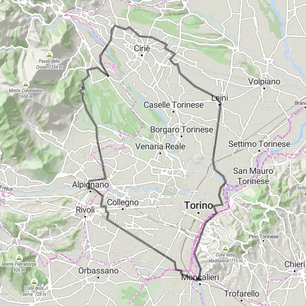 Map miniature of "Moncalieri-Alpignano-Fiano-Villanova Canavese-San Francesco al Campo-Leini-Mole Antonelliana-Castello di Moncalieri-Moncalieri" cycling inspiration in Piemonte, Italy. Generated by Tarmacs.app cycling route planner