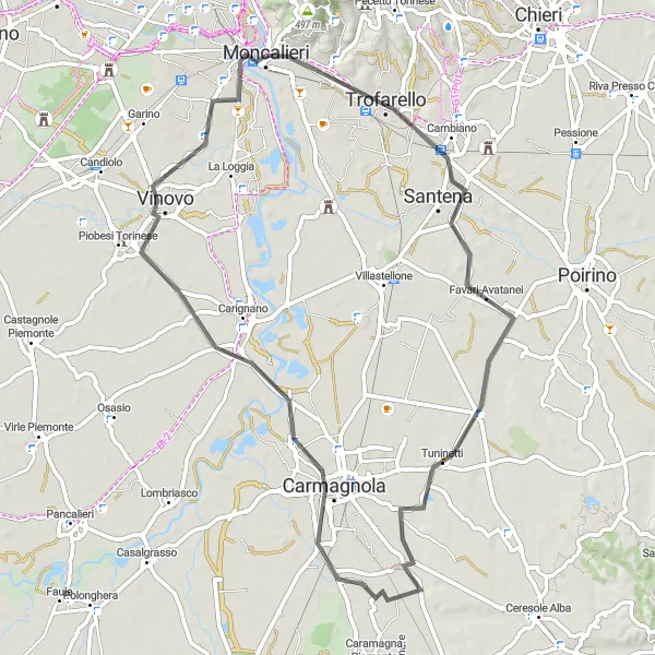 Map miniature of "Moncalieri-Santena-Cavalleri-Fumeri-Carmagnola-Vinovo-Moncalieri" cycling inspiration in Piemonte, Italy. Generated by Tarmacs.app cycling route planner