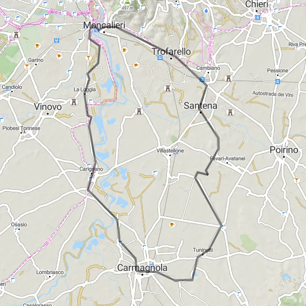 Karttaminiaatyyri "Trofarello - Moncalieri" pyöräilyinspiraatiosta alueella Piemonte, Italy. Luotu Tarmacs.app pyöräilyreittisuunnittelijalla